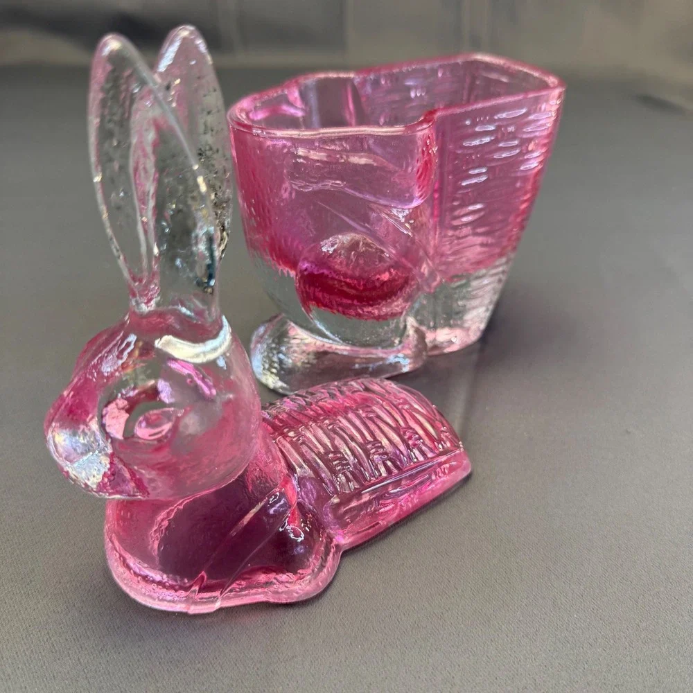 Vintage Pink Glass Bunny Rabbit Basket Candy Dish Heavy Easter Cottagecore Decor